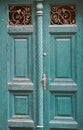 Old blue historical rustic wooden house door in Europe, Czech republic Royalty Free Stock Photo