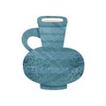 Blue jug with narrow neck and small handle. Large ceramic container for liquids. Vintage earthenware. Flat vector with