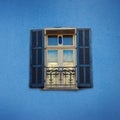 Old Blue Painted Windows On Concrete Wall. Banner With Copy Space. Pop Art Concept, Greek Style Window. Square Crop