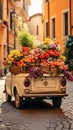 Old blue pickup used as a planter for flowers