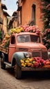 Old blue pickup used as a planter for flowers