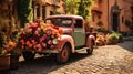 Old blue pickup used as a planter for flowers