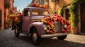 Old blue pickup used as a planter for flowers