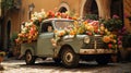 Old blue pickup used as a planter for flowers