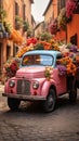 Old blue pickup used as a planter for flowers