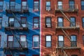 Old Blue and Red Brick Buildings in the East Village of New York City with Fire Escapes Royalty Free Stock Photo