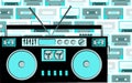 Old blue retro vintage antique hipster obsolete cassette music audio tape recorder on a background of blue music audio cassettes.