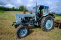 Old blue Russian agricultural tractors in the field. Agricultural machinery in the farm. Special Agricultural Equipment Royalty Free Stock Photo