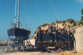 Blue sailing boat in dry dock Royalty Free Stock Photo