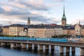 Old blue subway train central Stockholm.