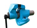 Old blue table mechanical vise clamp on white Royalty Free Stock Photo