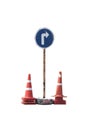 Old blue traffic sign and orange cones on a white background,with clipping path Royalty Free Stock Photo