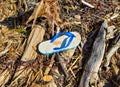 Old blue and white flipflop washed up on a beach amongst seaweed and debris in the early morning light