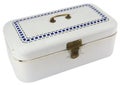 Old blue and white metal cash box with brass lock