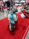 Old blue and white 1963 Siambretta Lambretta AV 175 scooter. Classic car exhibit hall 2022.