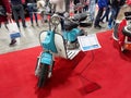 Old blue and white 1963 Siambretta Lambretta AV 175 scooter. Classic car exhibit hall 2022. Royalty Free Stock Photo