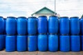 Old blue wide open plastic tanks for factory