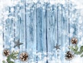 Old blue wood holiday background with snow frame and decorations