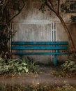 Old blue wooden bench on concrete wall framed with trees Royalty Free Stock Photo