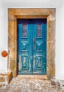 Old blue wooden door in rural house, Portugal Royalty Free Stock Photo