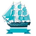 Old blue wooden historical boat on white. Sailing boat with sails, mast, brown deck, guns.