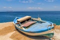 Old blue wooden shabby fishing boat Royalty Free Stock Photo