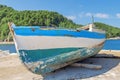 Old blue wooden shabby fishing boat Royalty Free Stock Photo