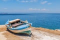 Old blue wooden shabby fishing boat Royalty Free Stock Photo