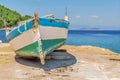 Old blue wooden shabby fishing boat Royalty Free Stock Photo