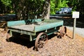 An old bluish green wooden wagon with rusty wheels surrounded by lush green trees at Newman Wetlands Center