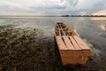 An old boat on fresh water algae in reserviour,Thailand Royalty Free Stock Photo