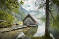 Old boat house at Lake Obersee in summer, Bavaria, Germany