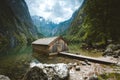 Old boat house at Lake Obersee in summer, Bavaria, Germany