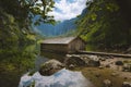 Old boat house at Lake Obersee in summer, Bavaria, Germany Royalty Free Stock Photo