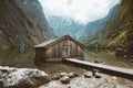 Old boat house at Lake Obersee in summer, Bavaria, Germany Royalty Free Stock Photo