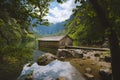 Old boat house at Lake Obersee in summer, Bavaria, Germany Royalty Free Stock Photo