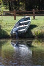 An old boat and motor on the shore of a lake Royalty Free Stock Photo