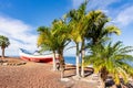 Old boat and palm trees near Los Gigantes, Tenerife, Canary islands, Spain Royalty Free Stock Photo