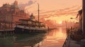 Art Nouveau-inspired Seaport Illustration With Boat Docked In City