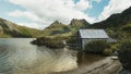 The old boat shed on the shore of dove lake at cradle mt Royalty Free Stock Photo