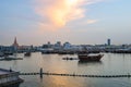 Old boats in Doha, Doha skyline, cityscape, Doha harbor, trade and market, Doha, Ad-Dawhah, Qatar. Royalty Free Stock Photo