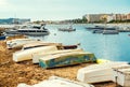 Old boats on the empty beach of Ibiza Royalty Free Stock Photo