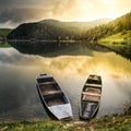 Old boats at a lake