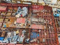 Old boats moored in dirty harbour. Pollution of river, sea, ocean water with waste, plastics garbage. Concept of Royalty Free Stock Photo