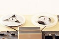 old bobbin tape recorder on magnetic tape Royalty Free Stock Photo