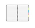 Opened organizer or diary. Vector 3d realistic. Mockup. Notepad with Striped paper and color bookmarks. Empty white lined pages on