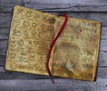 Old book with alchemic symbols lying on the wooden table