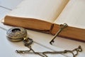 Old Book with Antique Pocket Watch and Key Royalty Free Stock Photo
