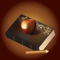 An old book, an apple and a pencil.