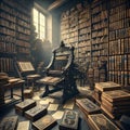 Old book binding press in a dusty library with sunbeam illuminating through window Royalty Free Stock Photo